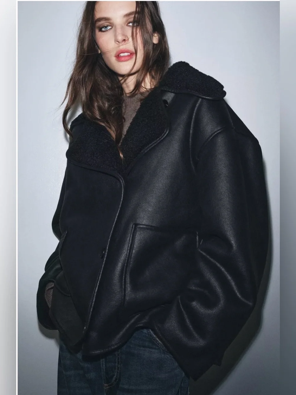 NWT Zara ZW Collection double-faced jacket with plush faux shearling collar. S